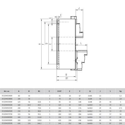 BISON 3-Backs Svarvchuck Ø125 mm Gjutjärn DIN 6350 - monterat på baksidan (cylindrisk hållare) - 3204-125